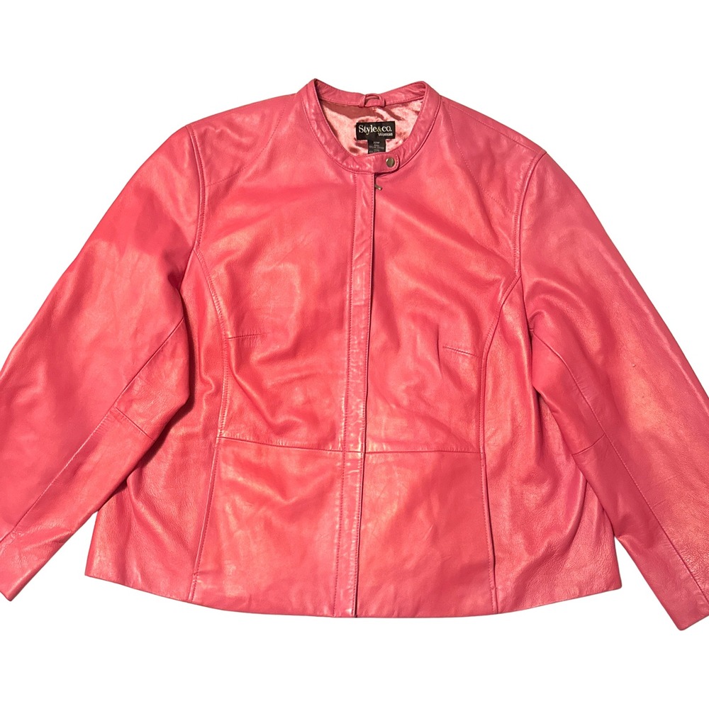 Style & Co Woman Pink Genuine Leather Jacket Plus Size 22W Zip Front Collarless
